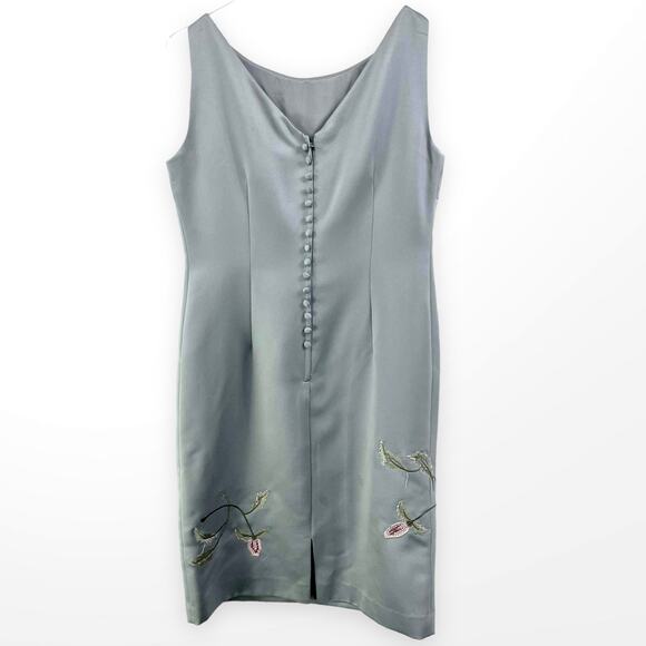 90s MAGGY LONDON Vintage Gray Sleeveless Embroidered Sheath Dress - Picture 3 of 11